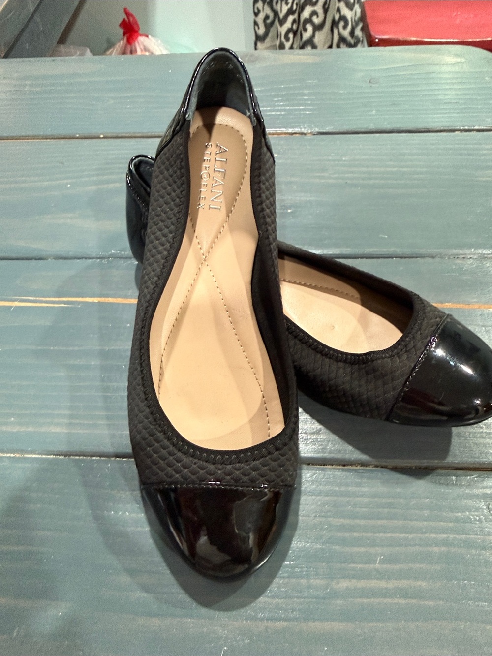 Alfani Black Quilted Ballet Flats with Patent Cap Toe